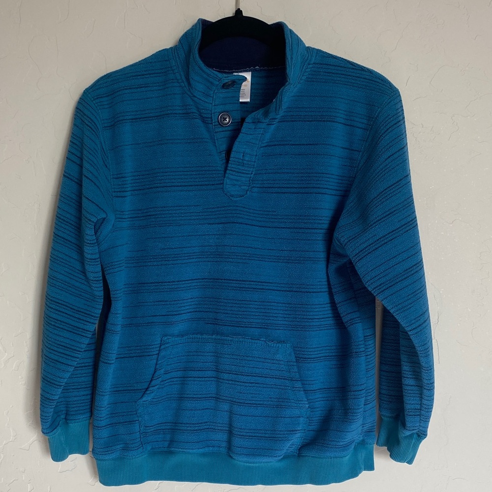 Gymboree Blue Striped Fleece Pullover with Pouch Pocket Button Neck